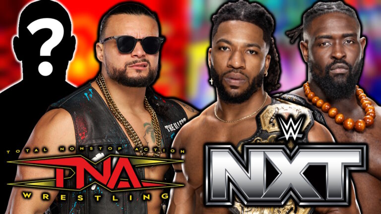 TNA Wrestling logo and WWE NXT logo with Mike Santana, Trick Williams and Oba Femi