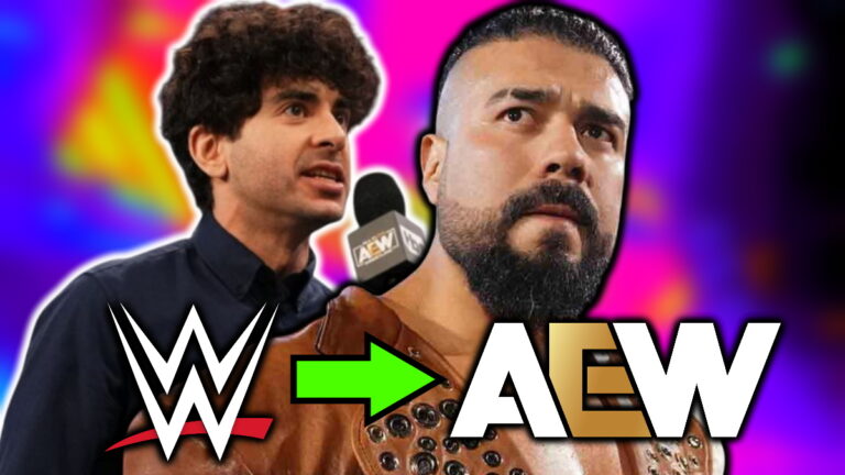 WWE and AEW logos, Andrade and Tony Khan