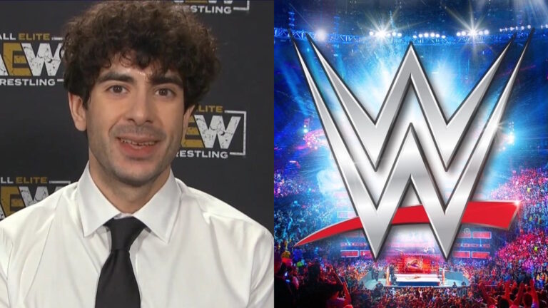 AEW CEO Tony Khan and WWE logo