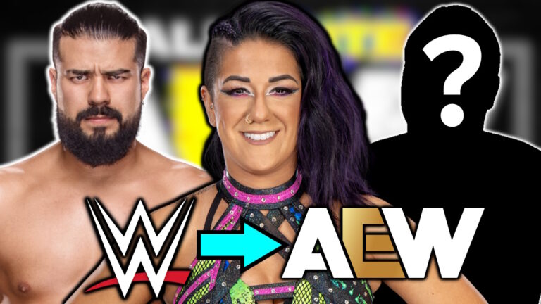 WWE and AEW logos, Andrade and Bayley