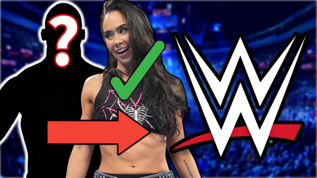 AJ Lee next to the WWE logo