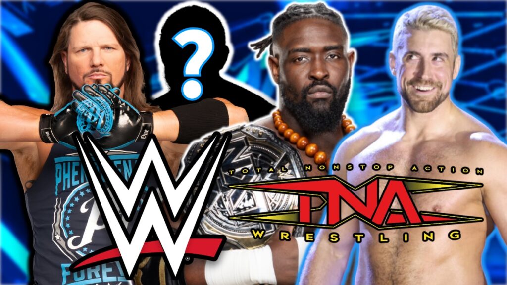 WWE and TNA Wrestling logos with AJ Styles, Joe Hendry and Oba Femi