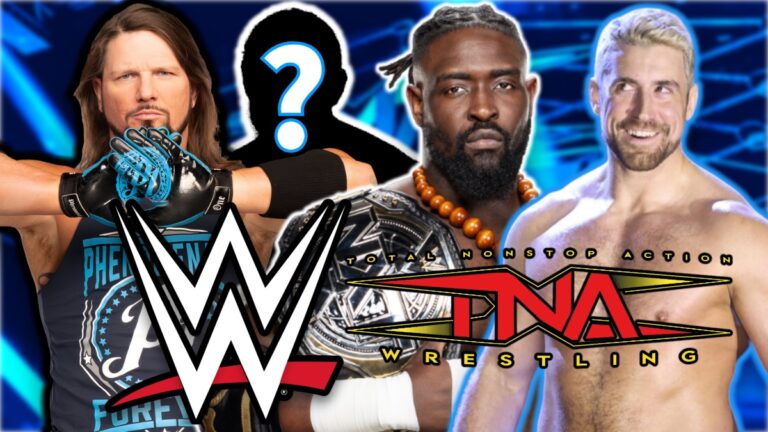WWE and TNA Wrestling logos with AJ Styles, Joe Hendry and Oba Femi