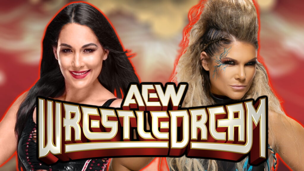 AEW WrestleDream logo with WWE legends Brie Bella and Beth Copeland