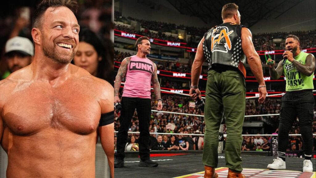 LA Knight smiling next to CM Punk and Jey Uso talking to him on WWE Raw
