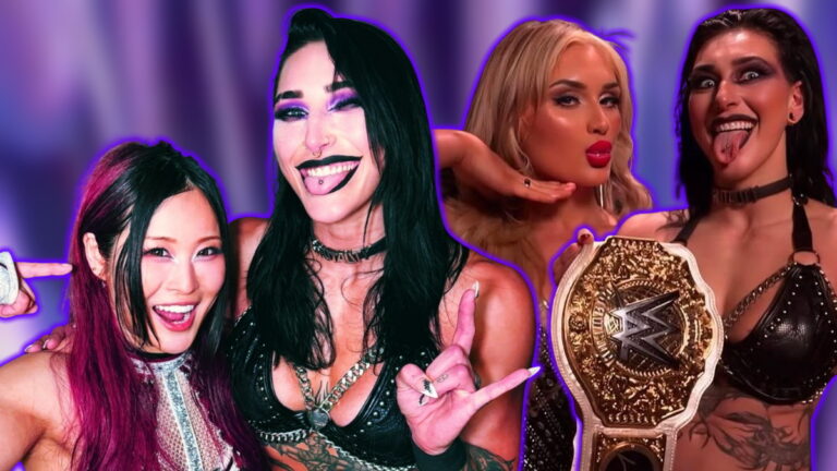 WWE stars Rhea Ripley, IYO SKY and Tiffany Stratton