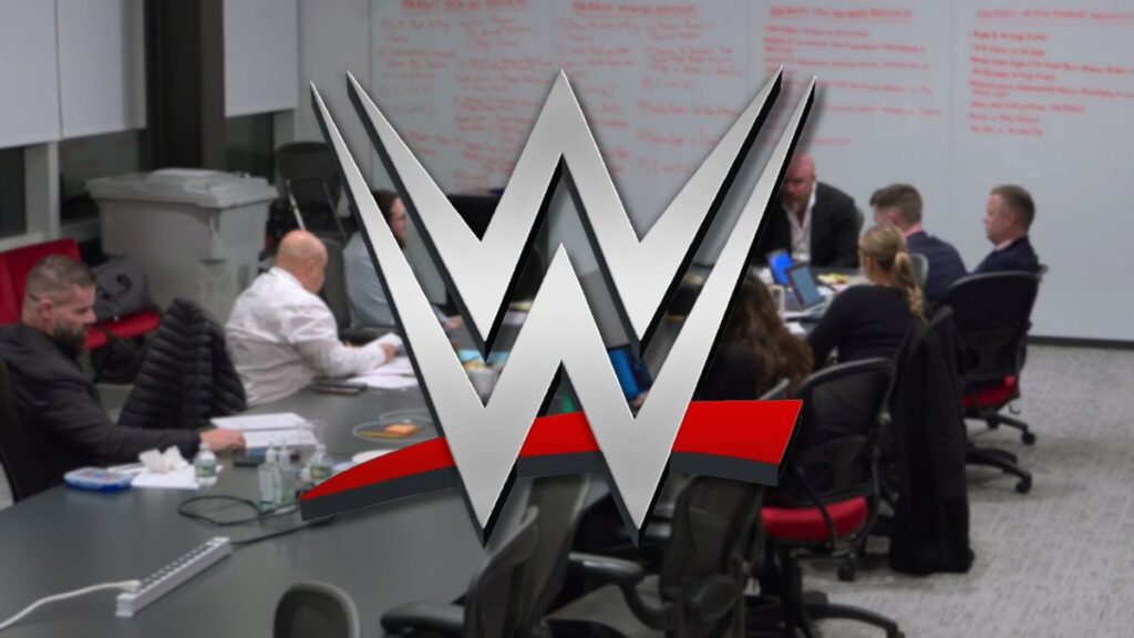 The WWE logo on top of the writer's room