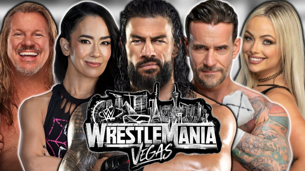 WWE WrestleMania 42 logo, Chris Jericho, AJ Lee, Roman Reigns, CM Punk and Liv Morgan