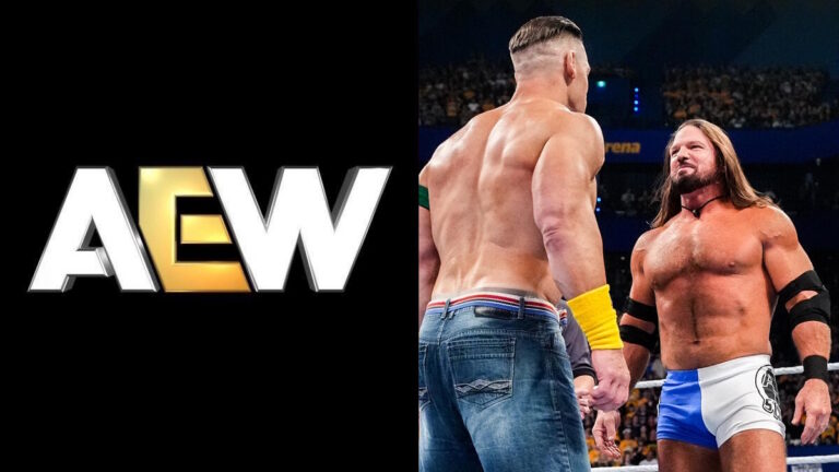 AEW logo and WWE stars John Cena & AJ Styles