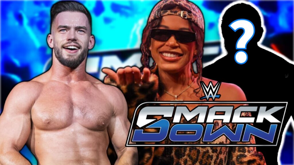 WWE SmackDown logo with Bianca Belair and Austin Theory