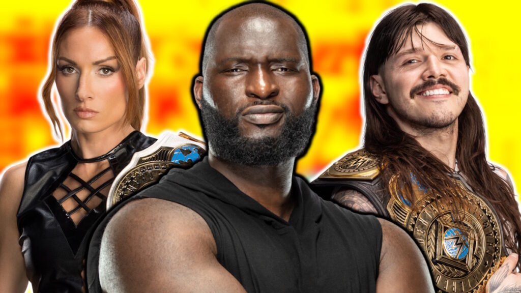 WWE stars Omos, Becky Lynch and Dominik Mysterio