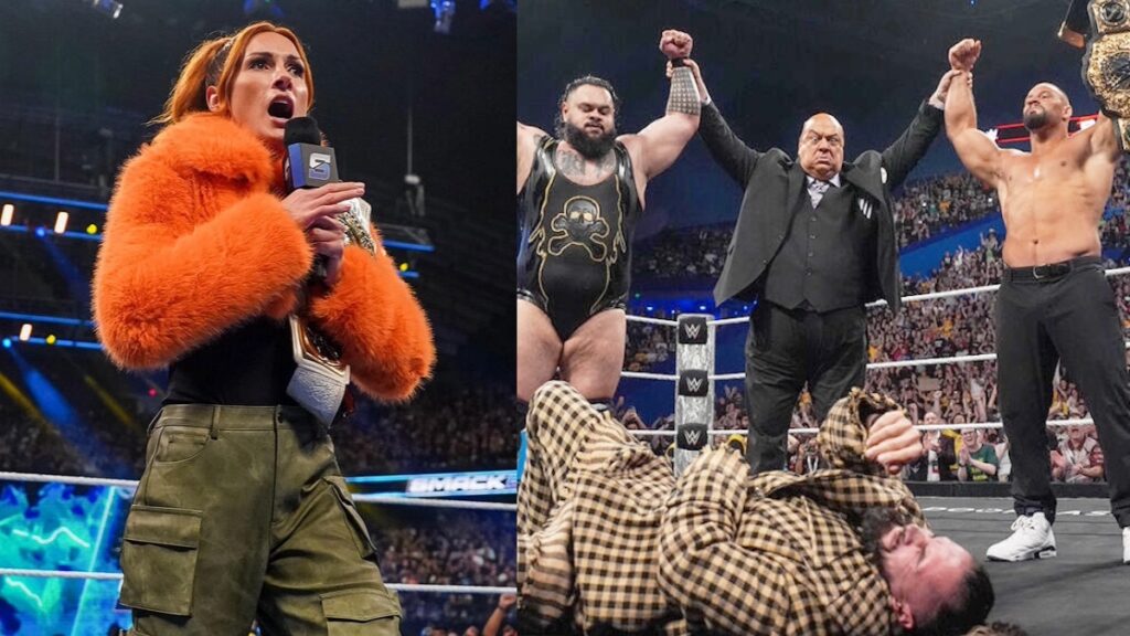 WWE's Bejcy Lynch alongside The Vision attacking Seth Rollins on Raw