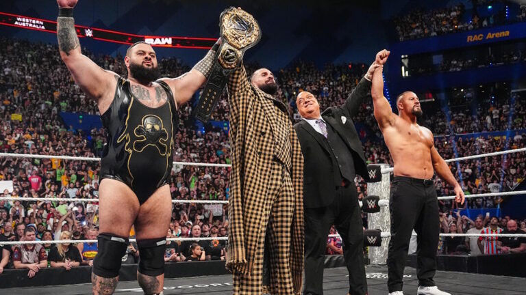 WWE stars Seth Rollins, Paul Heyman, Bron Breakker and Bronson Reed of The Vision