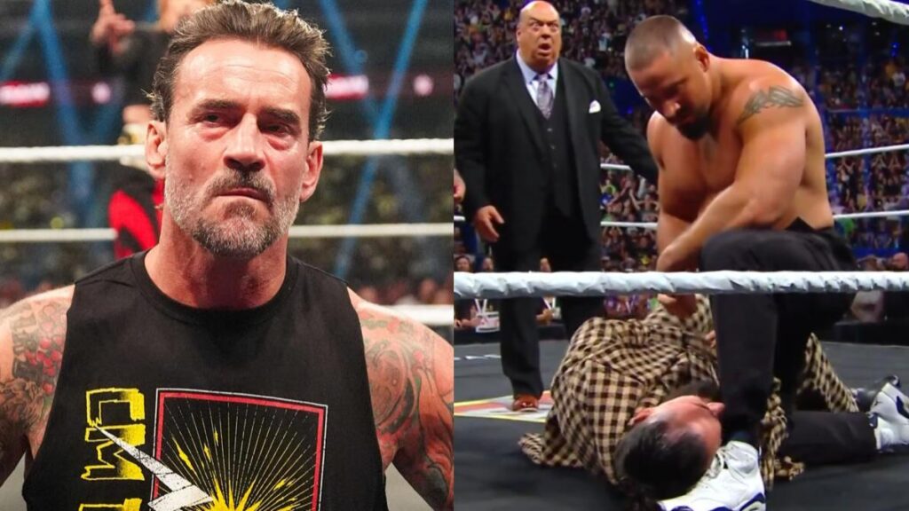 CM Punk next to Bron Breakker standing over Seth Rollins on WWE Raw