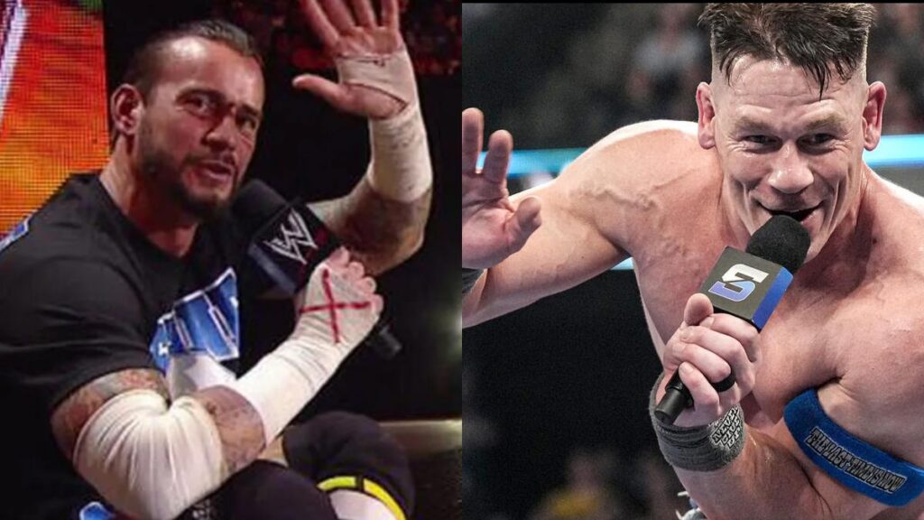 CM Punk and John Cena delivering their WWE pipebomb promos