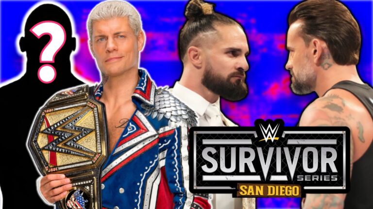 WWE Survivor Series logo with Seth Rollins, CM Punk and Cody Rhodes