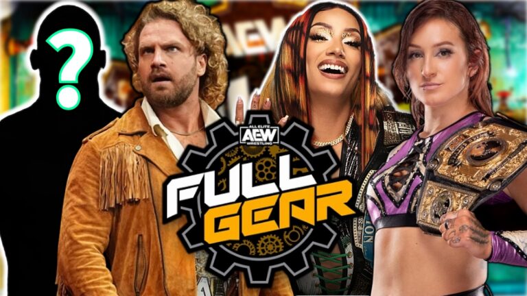 AEW Full Gear logo with Hangman Page, Mercedes Mone and Kris Statlander