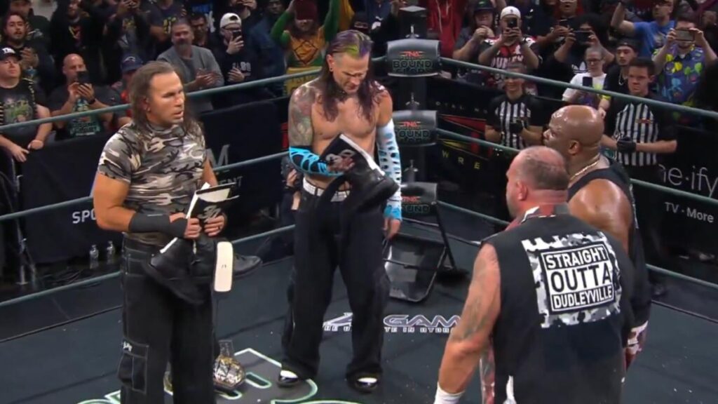Team 3D/Dudley Boyz giving Matt Hardy and Jeff Hardy their boots at TNA Wrestling Bound For Glory