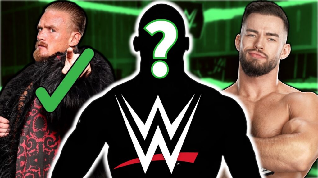 WWE logo with Ilja Dragunov and Austin Theory