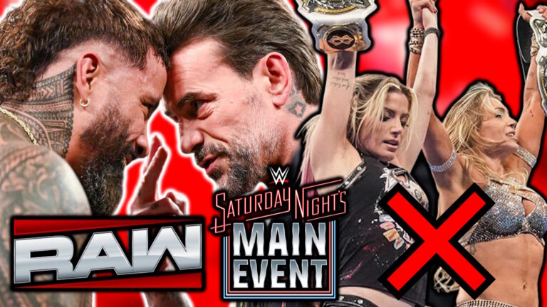 WWE Raw and Saturday Night's Main Event logos, Jey Uso, CM Punk, Alexa Bliss and Charlotte Flair
