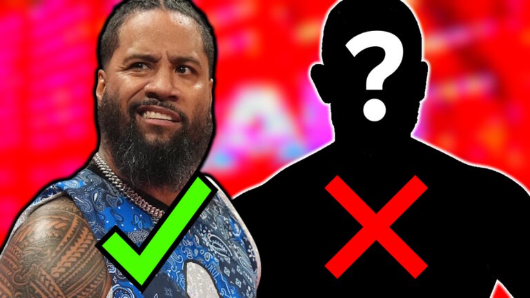 WWE star Jimmy Uso with a tick, next to a silhouette with a cross