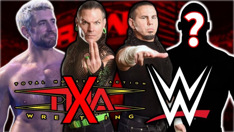 TNA Wrestling and WWE logos with Joe Hendry and The Hardy Boyz