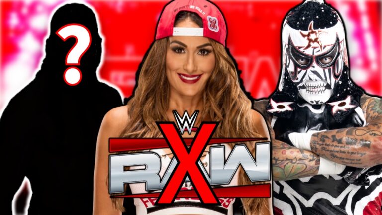 Nikki Bella, Penta and WWE Raw logo crossed out