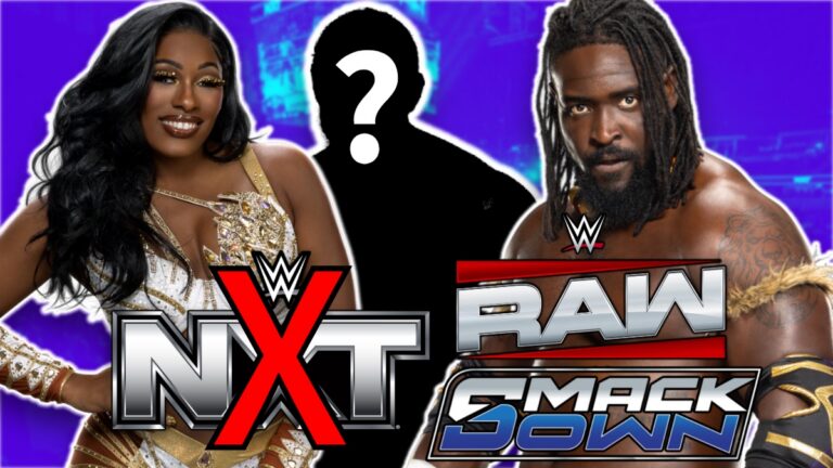 WWE NXT's Las Legend and Oba Femi with Raw and SmackDown logos