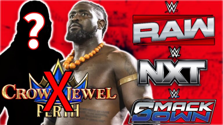Oba Femi and WWE Crown Jewel logo crossed out