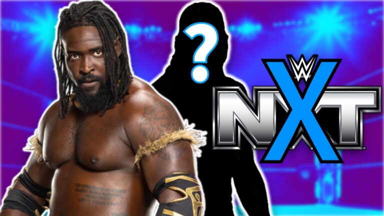 Oba Femi and WWE NXT logo crossed out