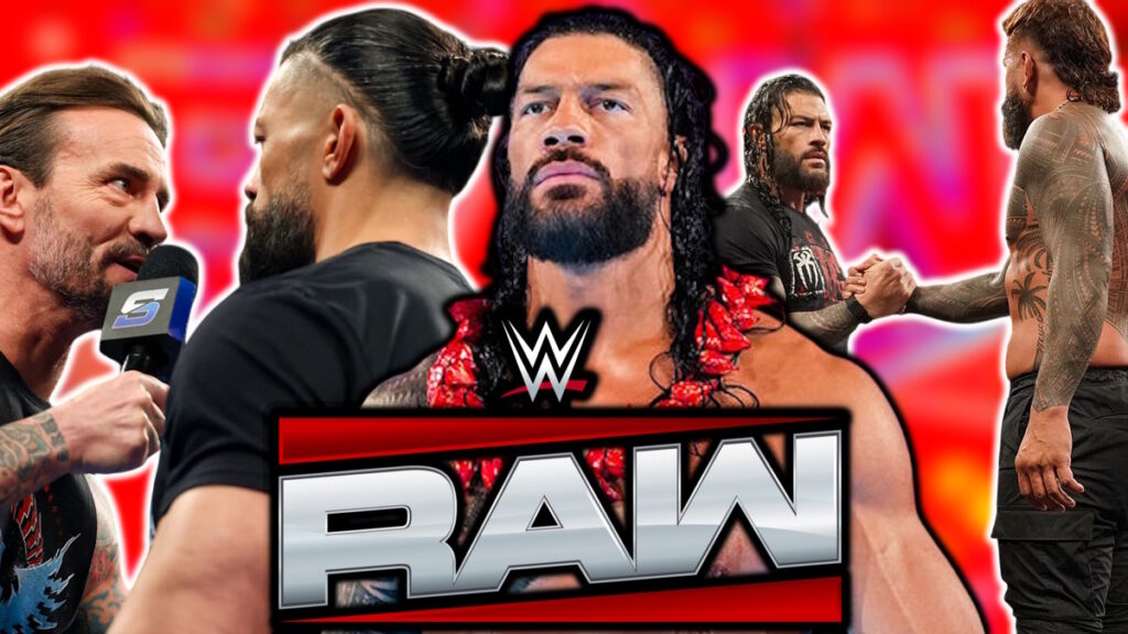 WWE Raw logo, Roman Reigns, CM Punk and Jey Uso