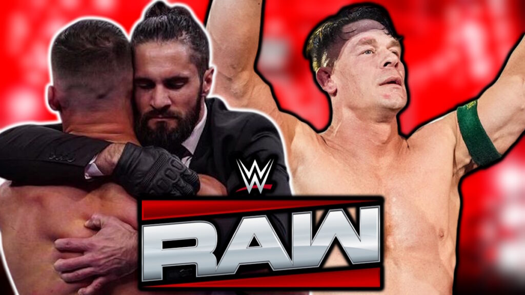 WWE Raw logo, Austin Theory, Seth Rollins and John Cena