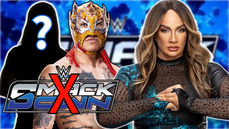 Rey Fenix and Nia Jax with WWE SmackDown logo