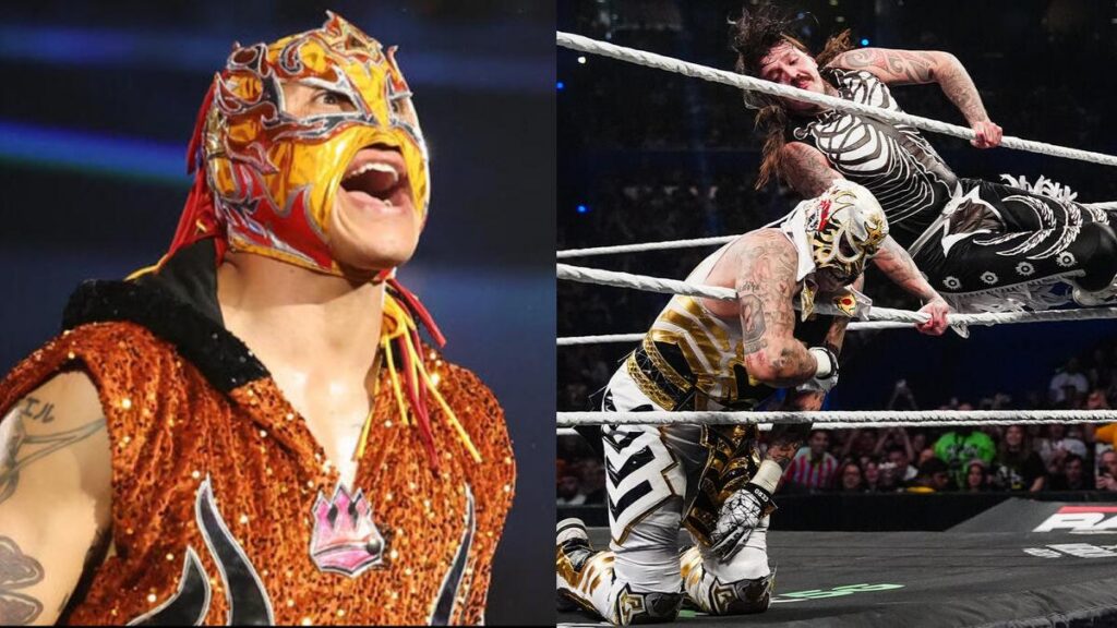 Rey Fenix next to Dominik Mysterio beating Penta on WWE Raw