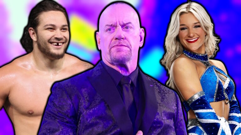 WWE Hall of Famer Undertaker next to LFG winners Shiloh Hill and Dani Sekelsky