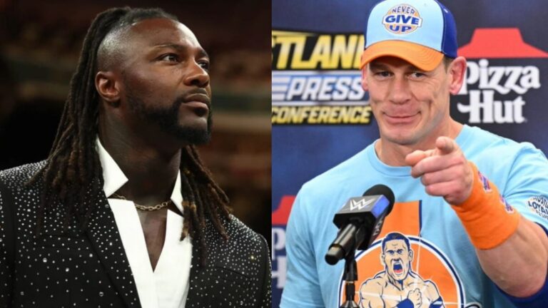 AEW's Swerve Strickland next to WWE's John Cena