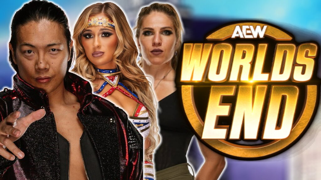 AEW Worlds End logo, Konosuke Takeshita, Megan Bayne and Marina Shafir