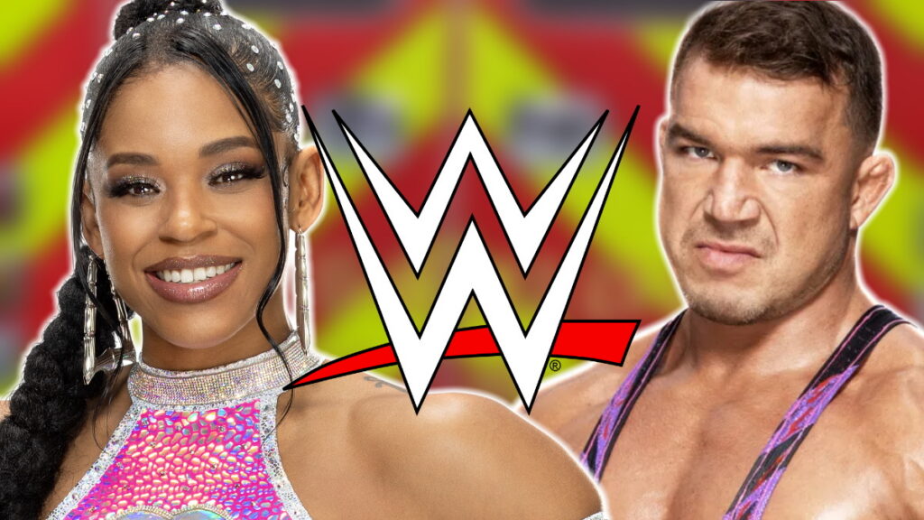 WWE logo, Bianca Belair and Chad Gable