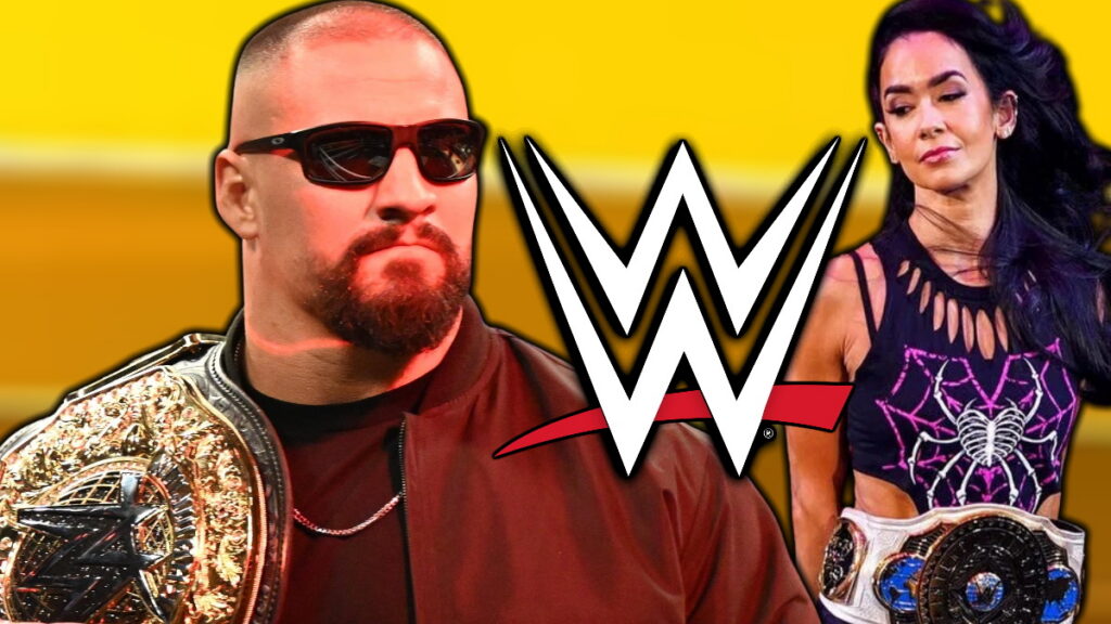 WWE logo, Bron Breakker and AJ Lee