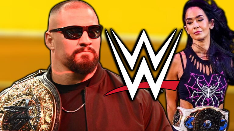 WWE logo, Bron Breakker and AJ Lee