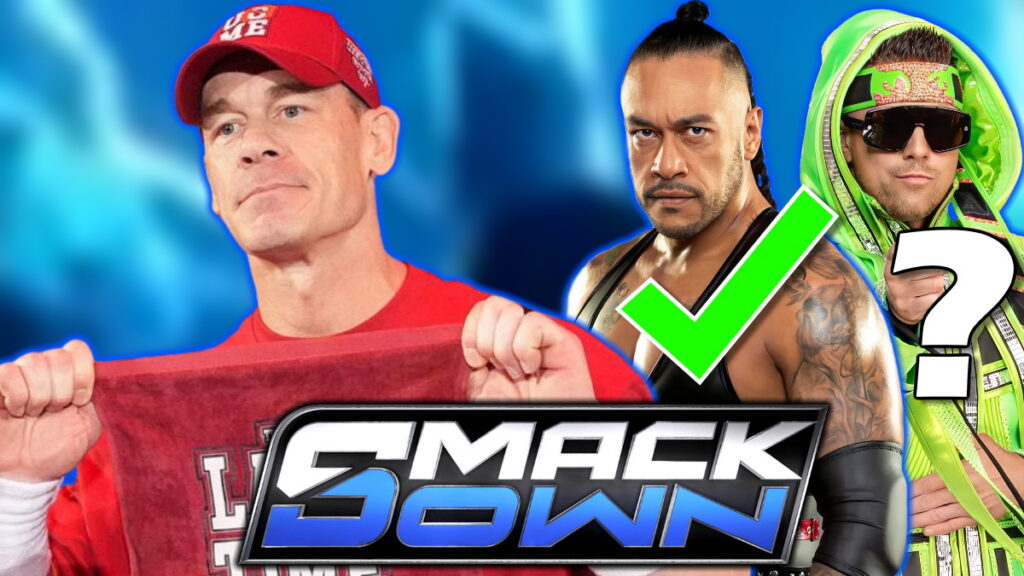 WWE SmackDown logo, John Cena, Damian Priest and The Miz