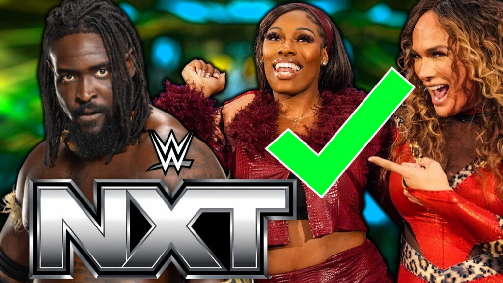 WWE's Oba Femi next to Lash Legend and Nia Jax