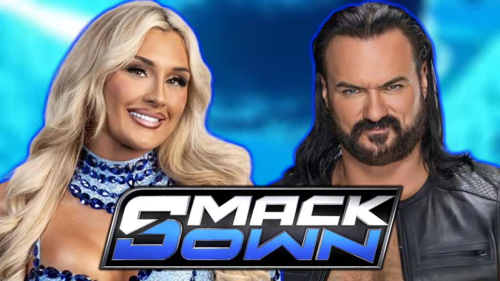 WWE SmackDown logo, Tiffany Stratton and Drew McIntyre