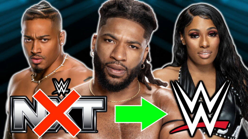 Trick Williams, Carmelo Hayes and Lash Legend in front of NXT and WWE logos