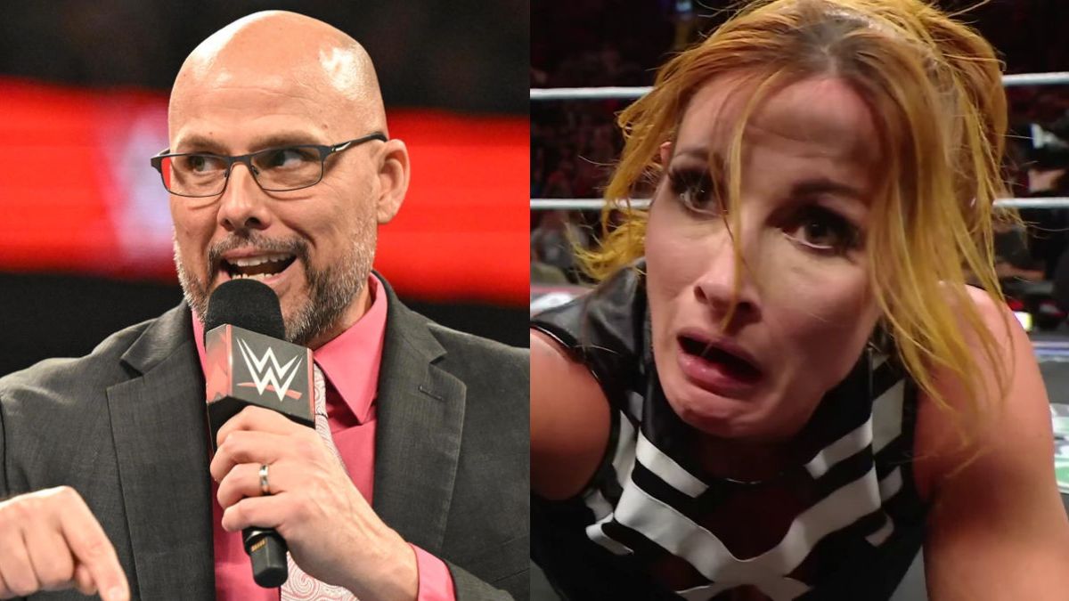 WWE Raw GM Adam Pearce next to a distraught Becky Lynch