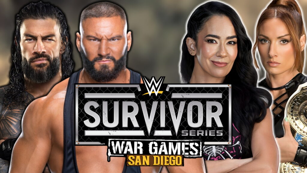 WWE Survivor Series logo, Bron Breakker, Roman Reigns, AJ Lee and Becky Lynch
