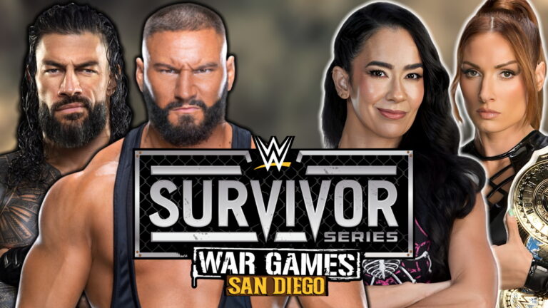 WWE Survivor Series logo, Bron Breakker, Roman Reigns, AJ Lee and Becky Lynch