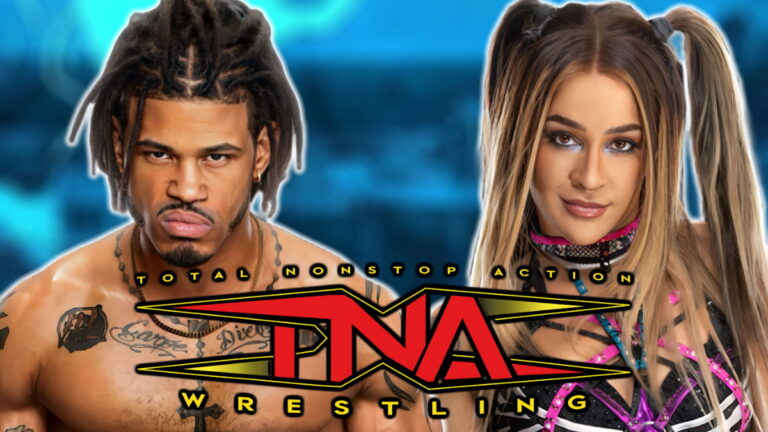 TNA Wrestling logo next to former WWE stars Wes Lee and Dakota Kai