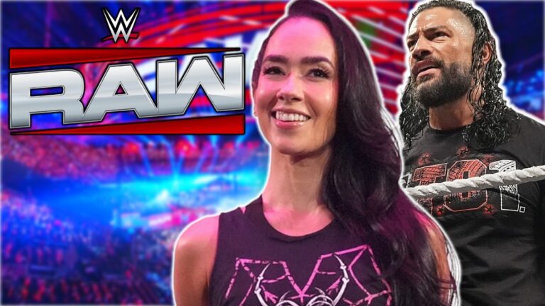 WWE Raw logo with AJ Lee and Roman Reigns