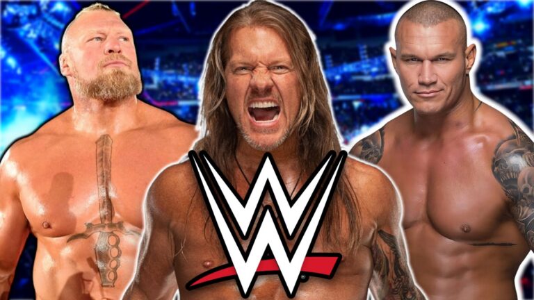 WWE logo with Chris Jericho, Randy Orton and Brock Lesnar